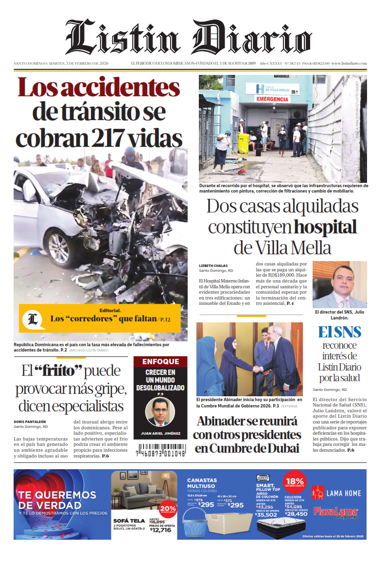 Portada Periódico Listín Diario, Martes 03, Febrero, 2026