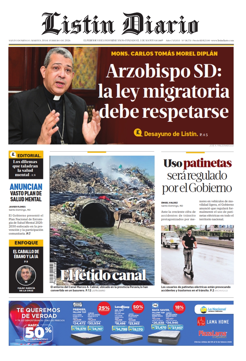 Portada Periódico Listín Diario, Martes 10, Febrero, 2026