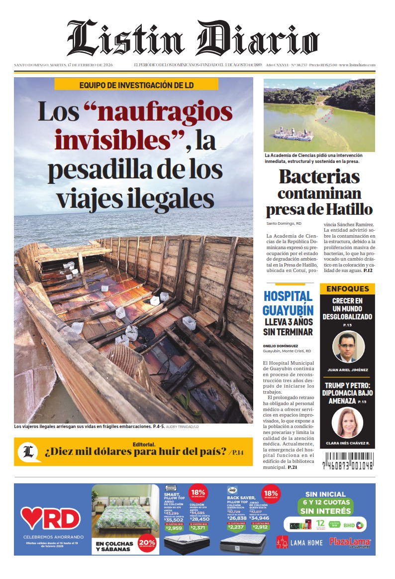 Portada Periódico Listín Diario, Martes 17, Febrero, 2026