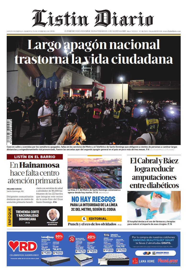 Portada Periódico Listín Diario, Martes 24, Febrero, 2026