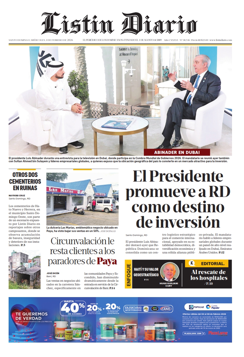 Portada Periódico Listín Diario, Miércoles 04, Febrero, 2026_005