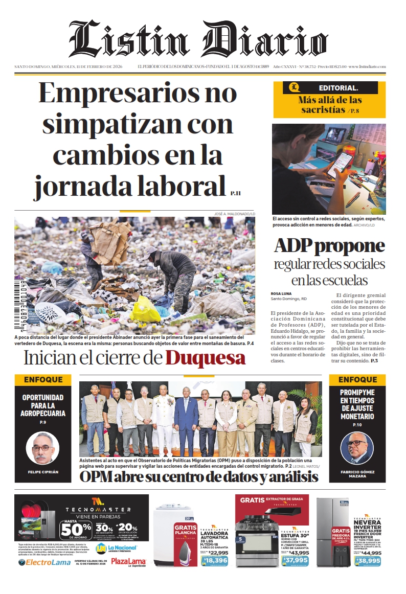 Portada Periódico Listín Diario, Miércoles 11, Febrero, 2026
