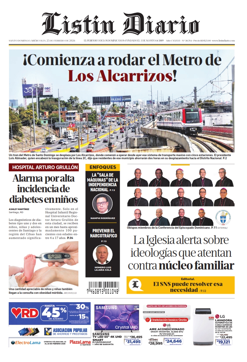 Portada Periódico Listín Diario, Miércoles 25, Febrero, 2026