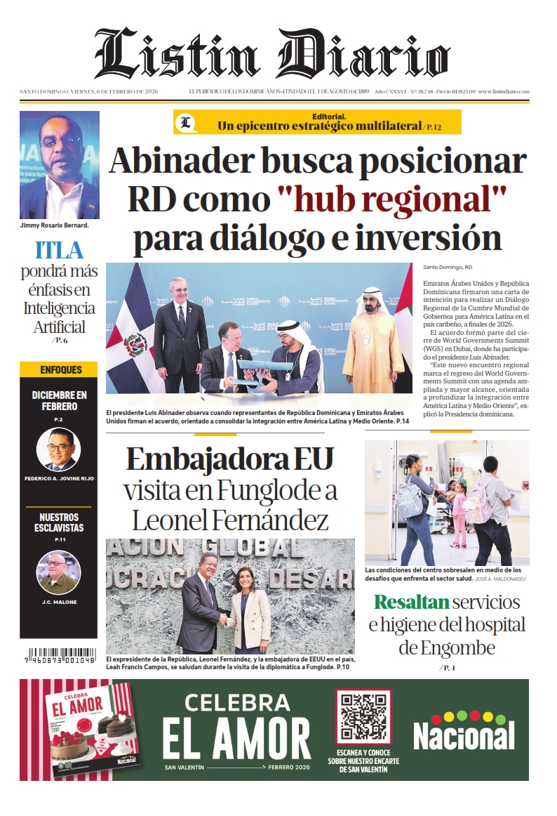 Portada Periódico Listín Diario, Viernes 06, Febrero, 2026