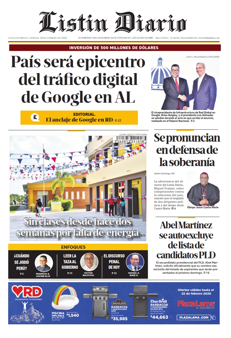 Portada Periódico Listín Diario, Viernes 20, Febrero, 2026