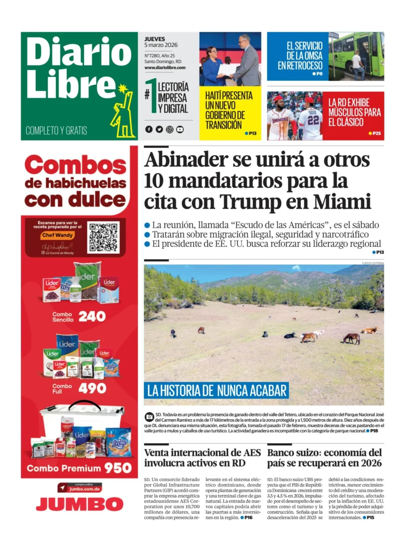 Portada Periódico Diario Libre, Jueves 05, Marzo, 2026