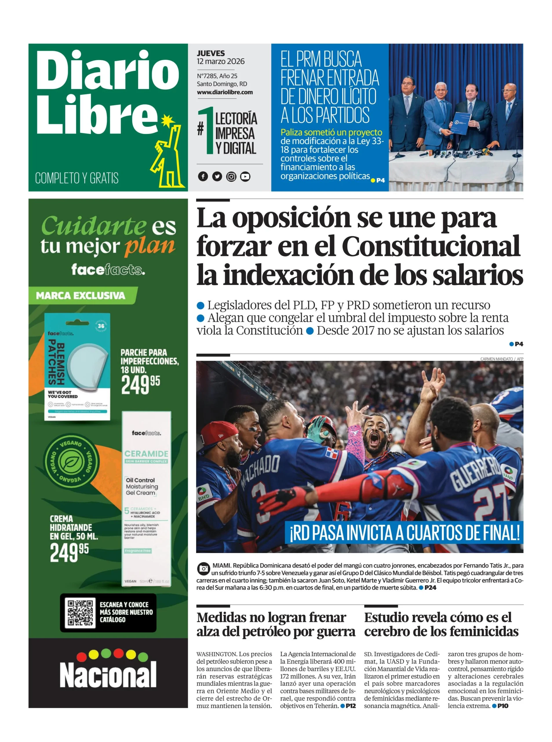 Portada Periódico Diario Libre, Jueves 12, Marzo, 2026