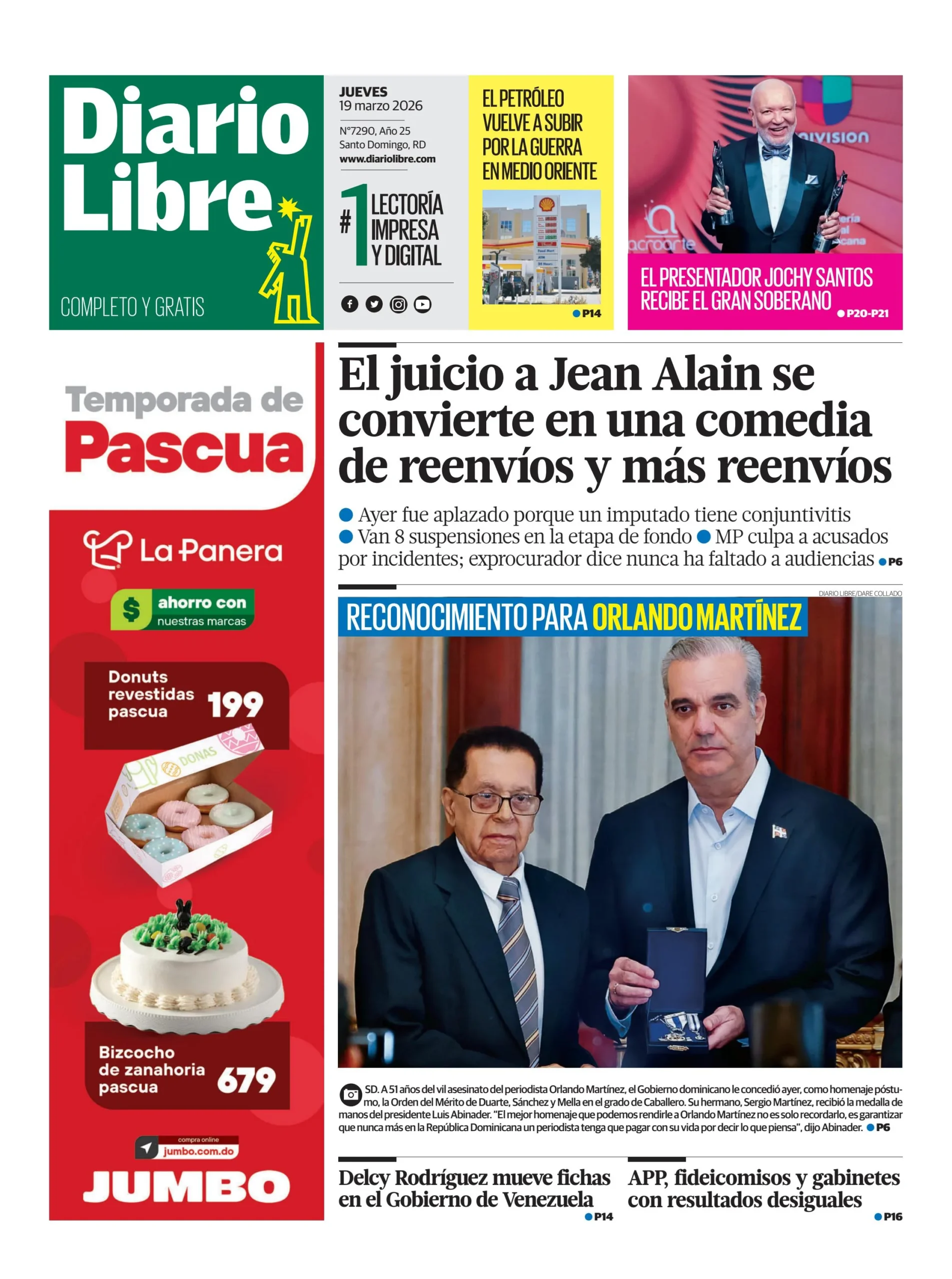 Portada Periódico Diario Libre, Jueves 19, Marzo, 2026