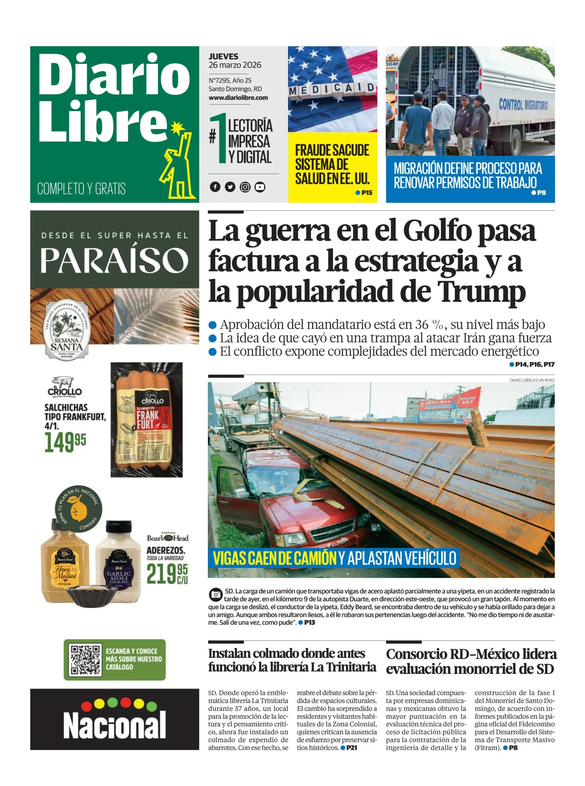 Portada Periódico Diario Libre, Jueves 26, Marzo 2026