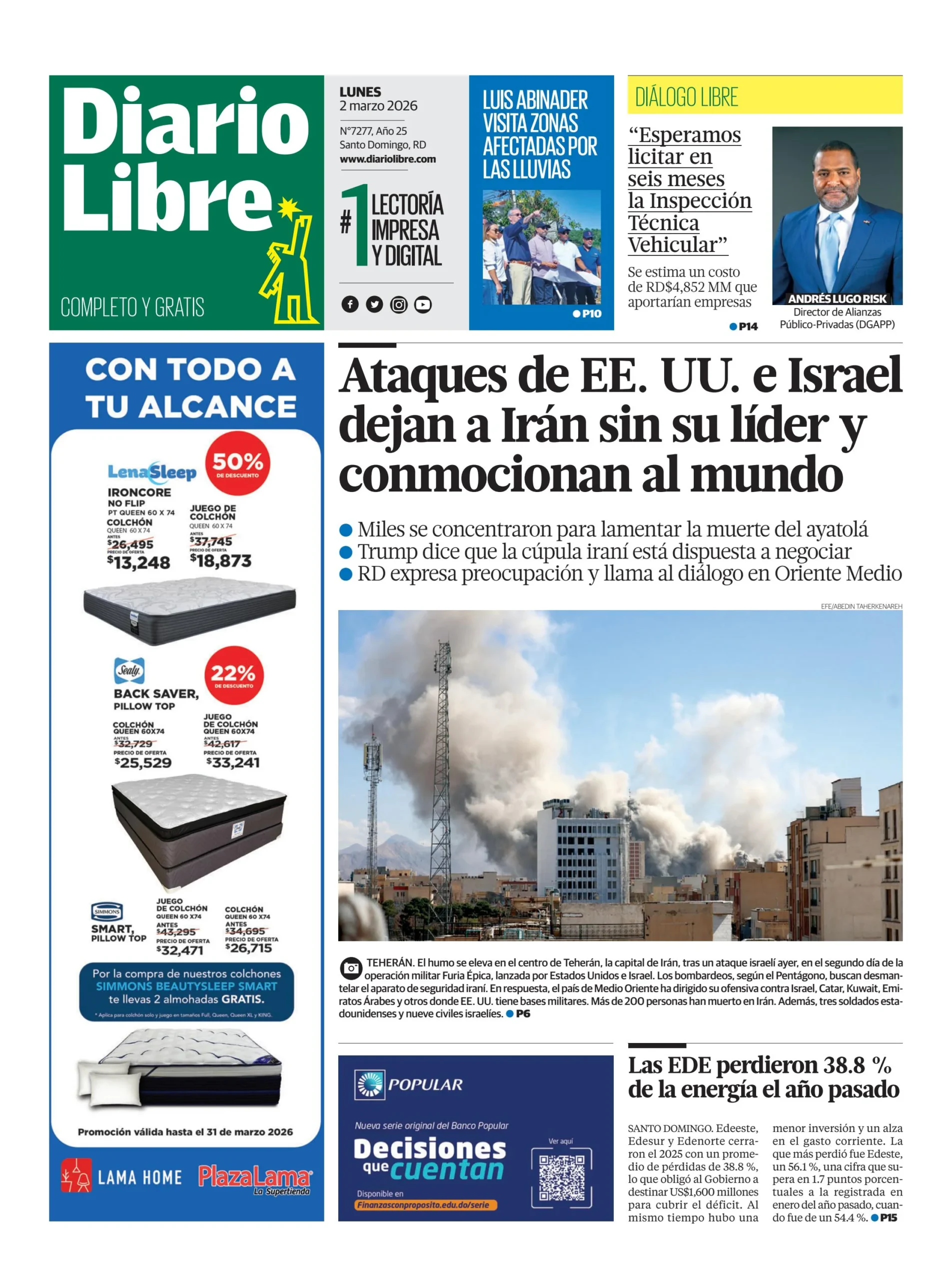 Portada Periódico Diario Libre, Lunes 02, Marzo, 2026