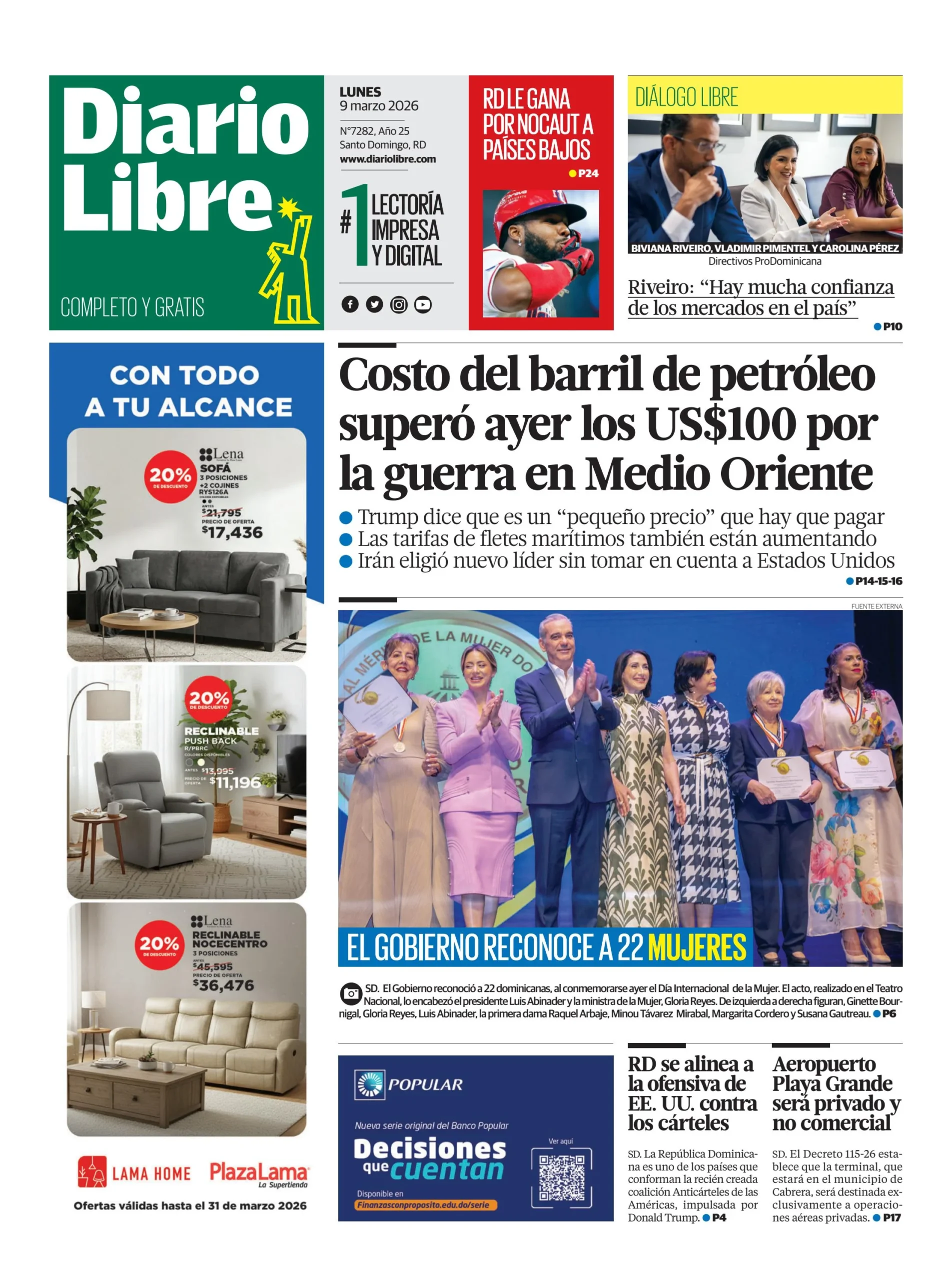 Portada Periódico Diario Libre, Lunes 09, Marzo, 2026