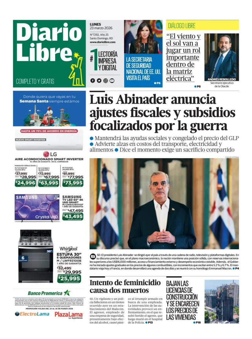 Portada Periódico Diario Libre, Lunes 23, Marzo, 2026