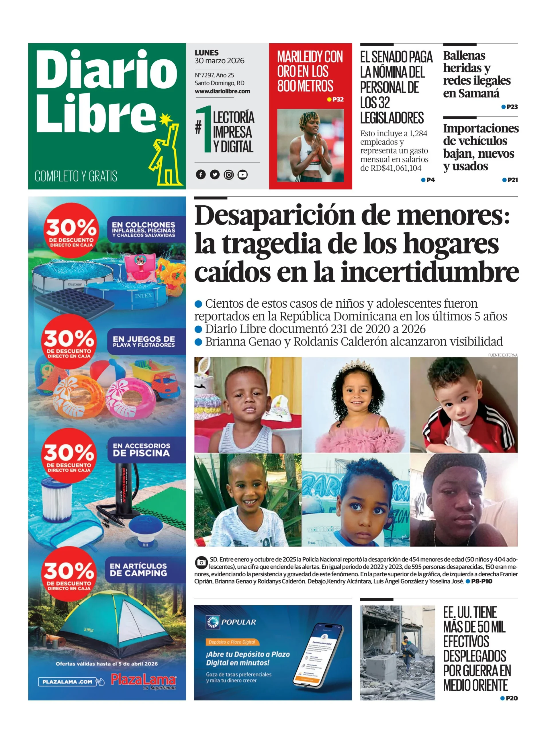 Portada Periódico Diario Libre, Lunes 30, Marzo 2026