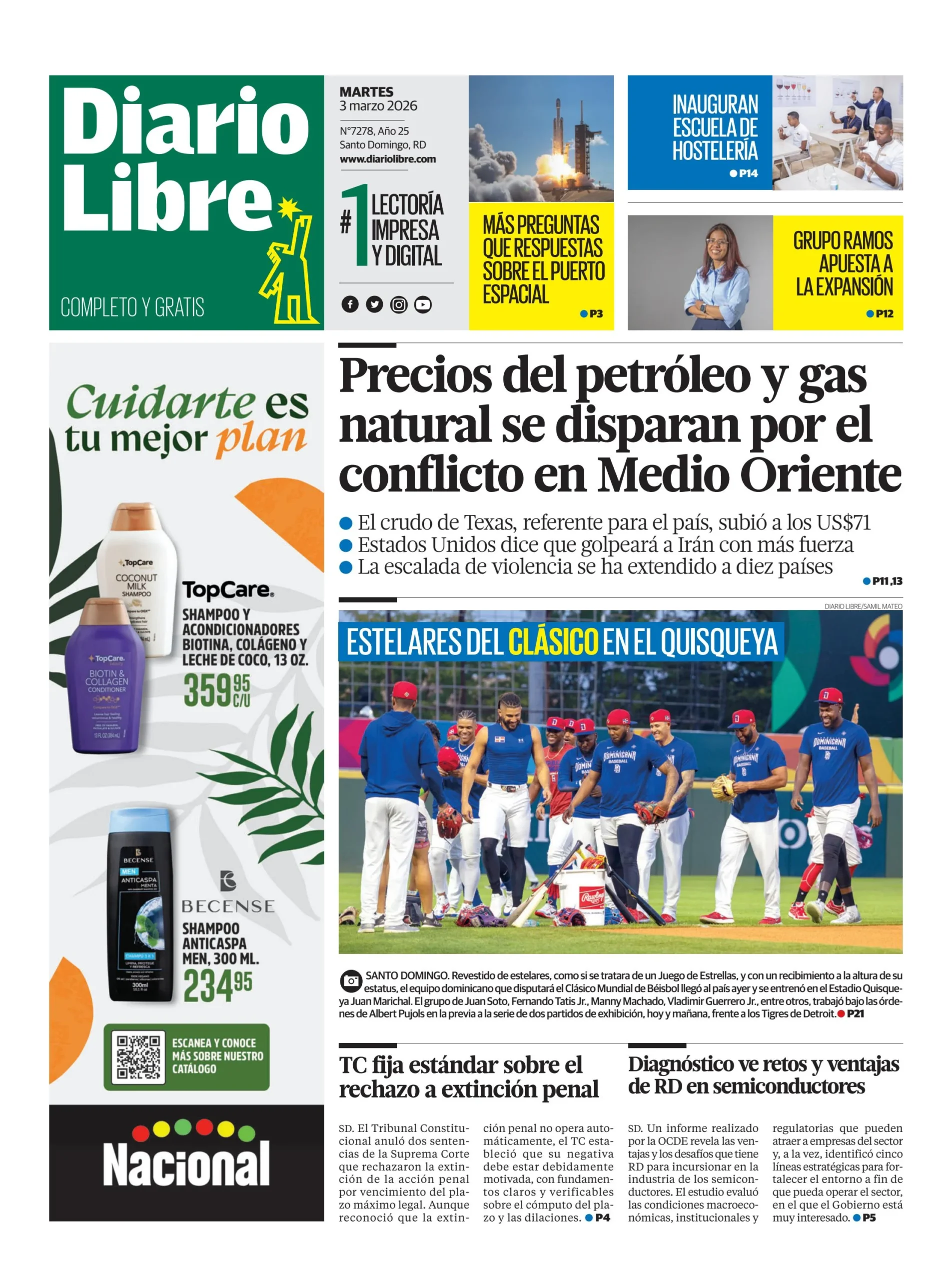 Portada Periódico Diario Libre, Martes 03, Marzo, 2026