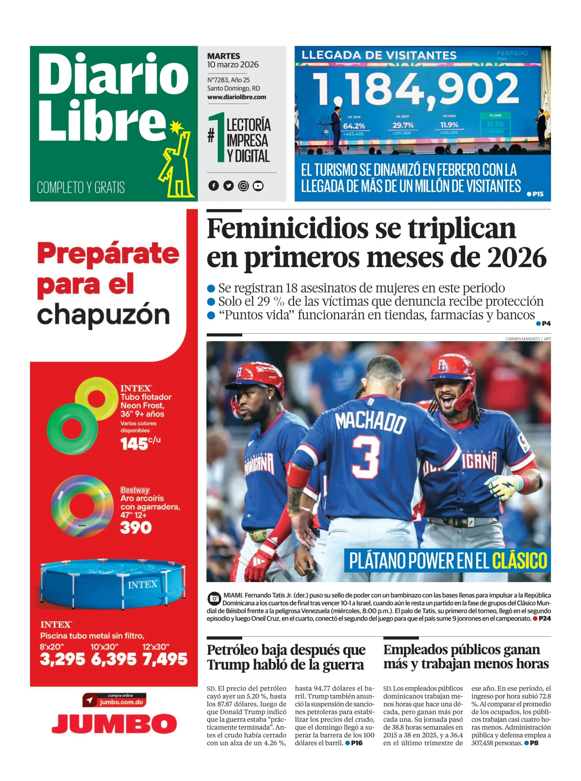 Portada Periódico Diario Libre, Martes 10, Marzo, 2026