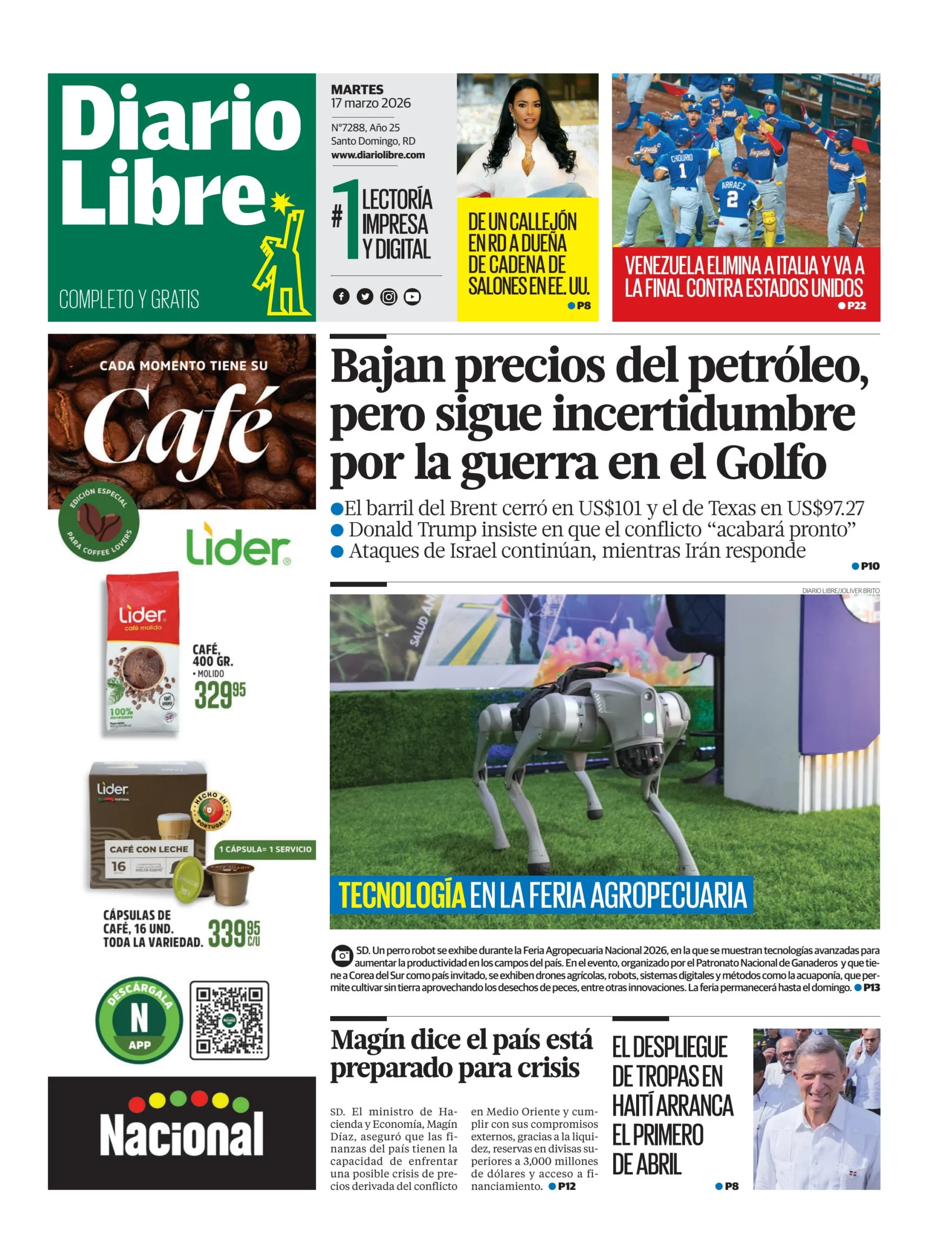 Portada Periódico Diario Libre, Martes 17, Marzo, 2026