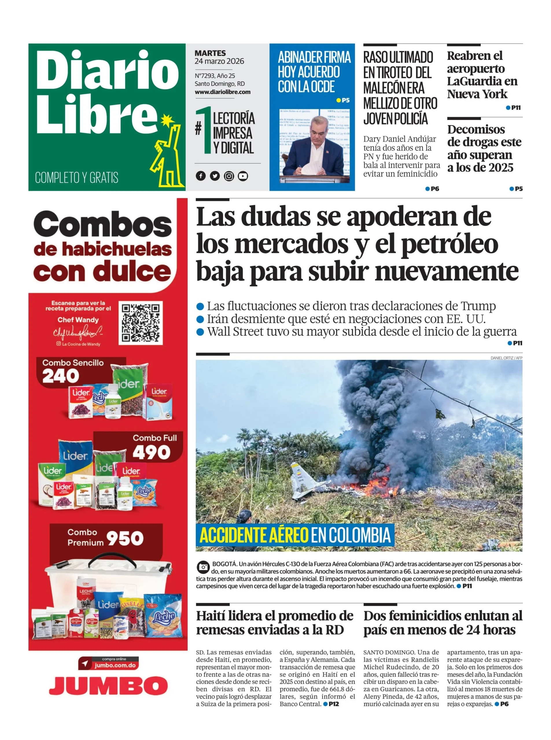Portada Periódico Diario Libre, Martes 24, Marzo, 2026