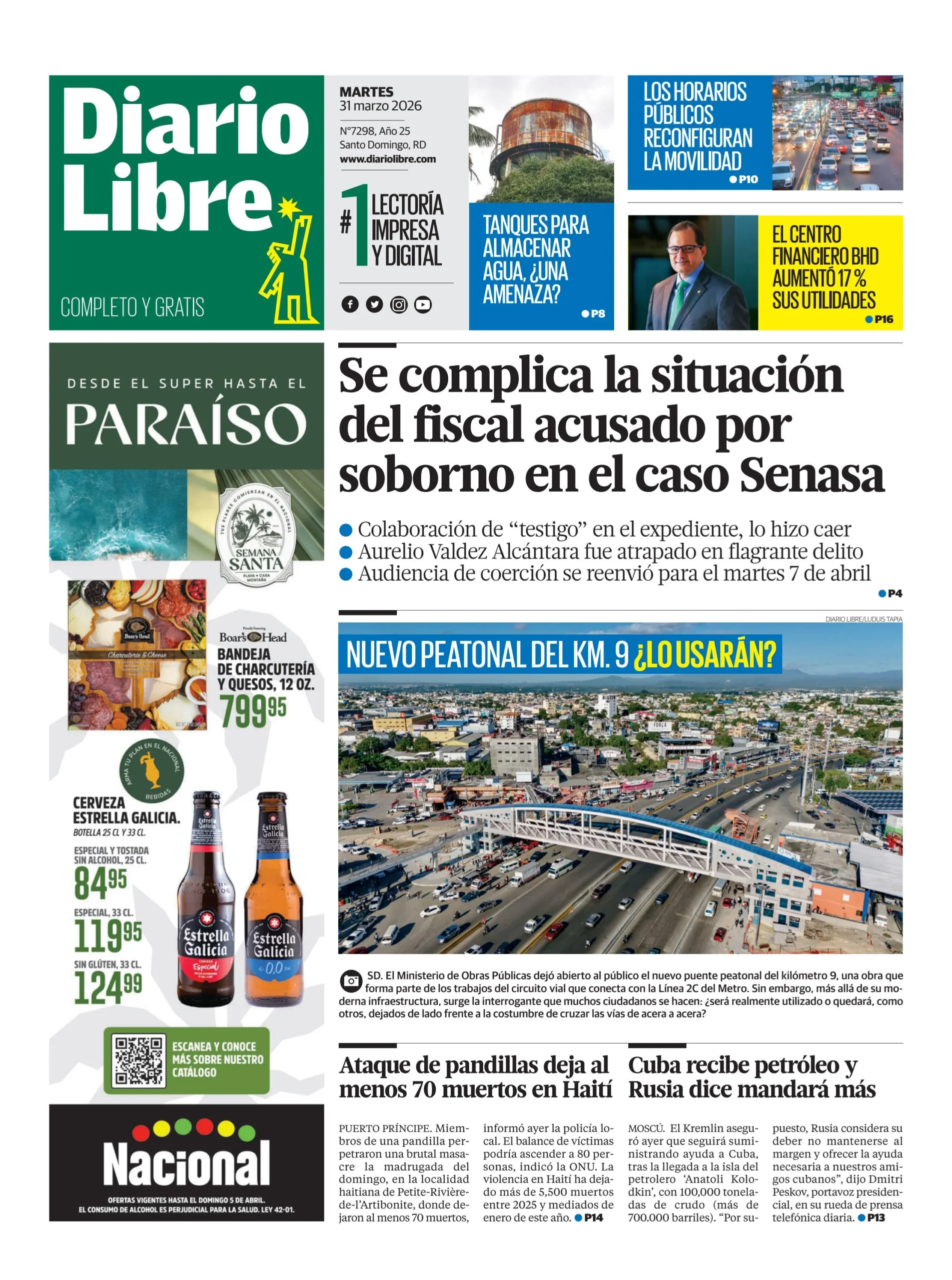 Portada Periódico Diario Libre, Martes 31, Marzo 2026