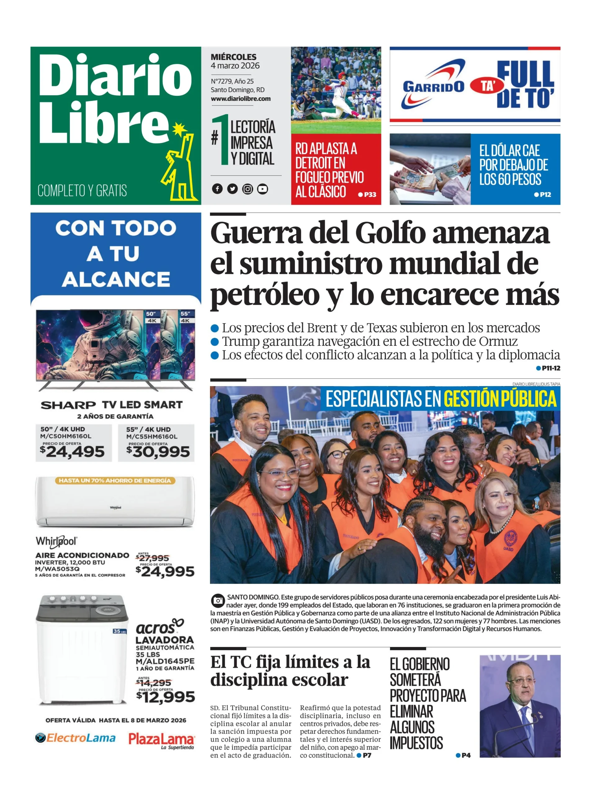 Portada Periódico Diario Libre, Miércoles 04, Marzo, 2026