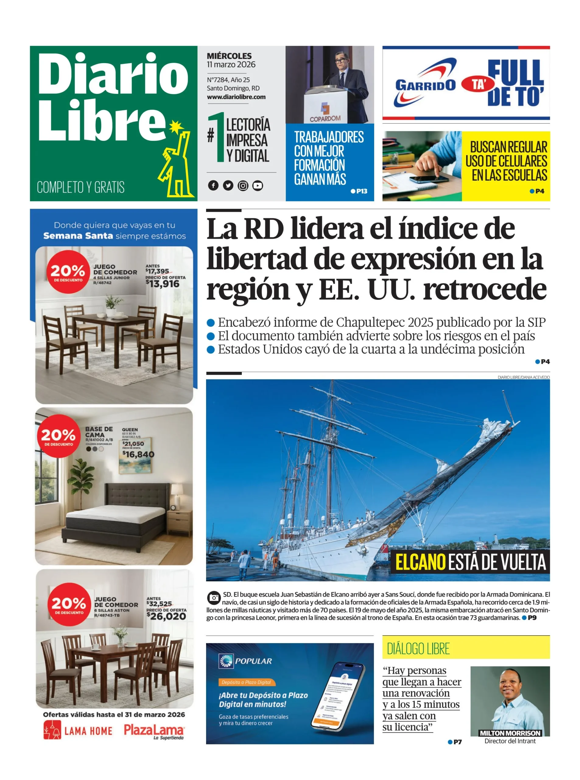 Portada Periódico Diario Libre, Miércoles 11, Marzo, 2026