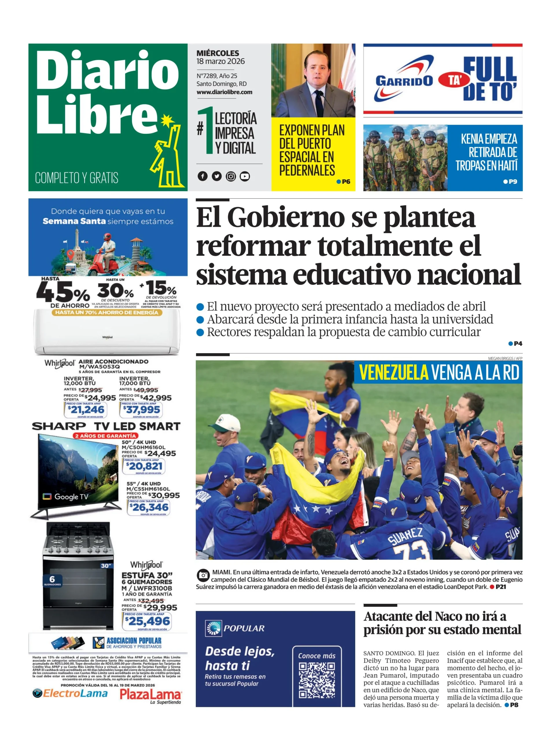 Portada Periódico Diario Libre, Miércoles 18, Marzo, 2026
