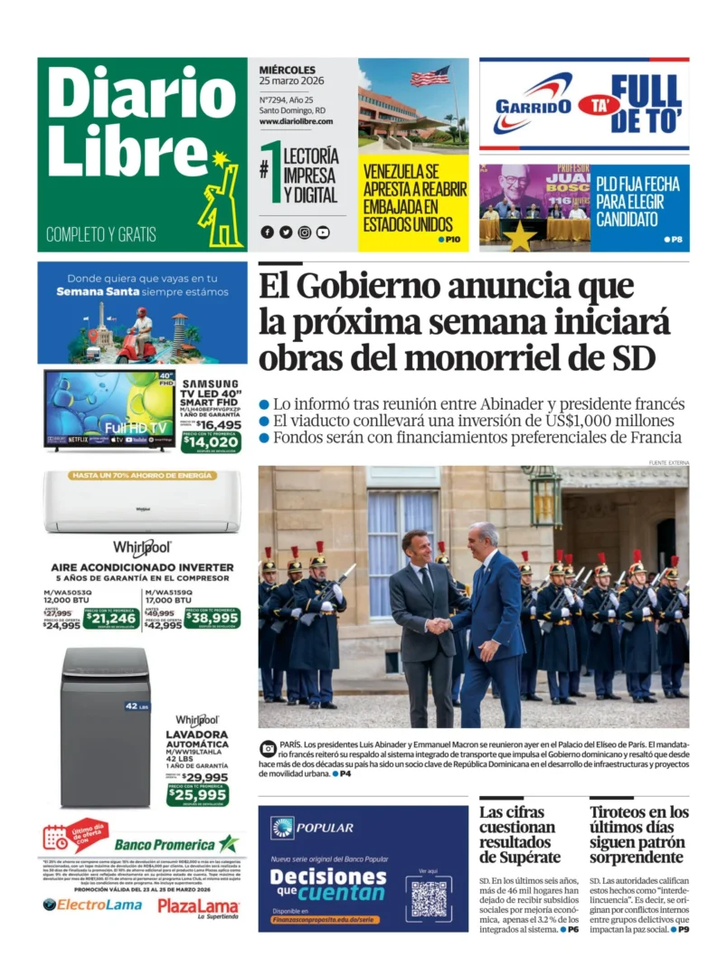Portada Periódico Diario Libre, Miércoles 25, Marzo, 2026