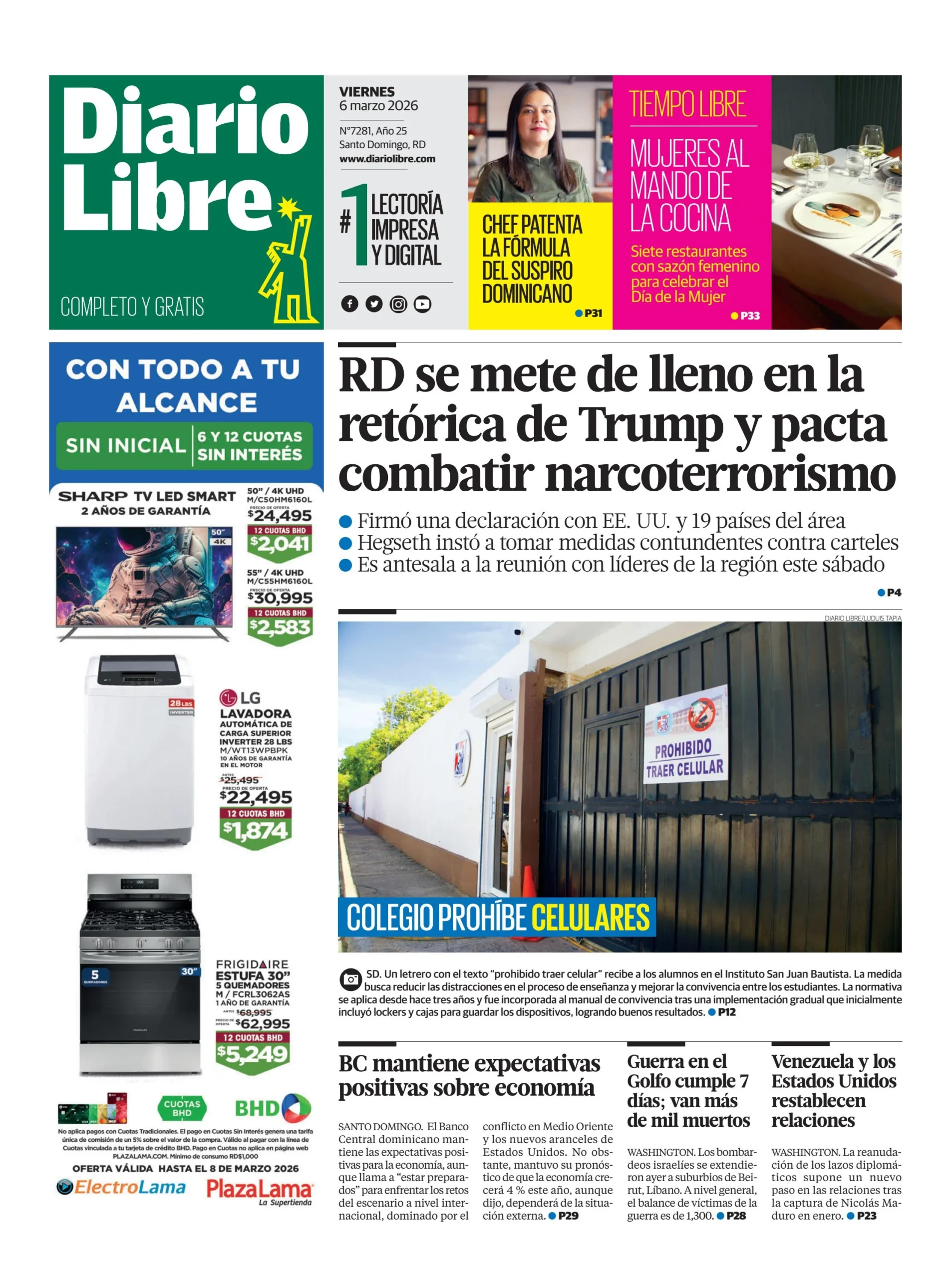 Portada Periódico Diario Libre, Viernes 06, Marzo, 2026