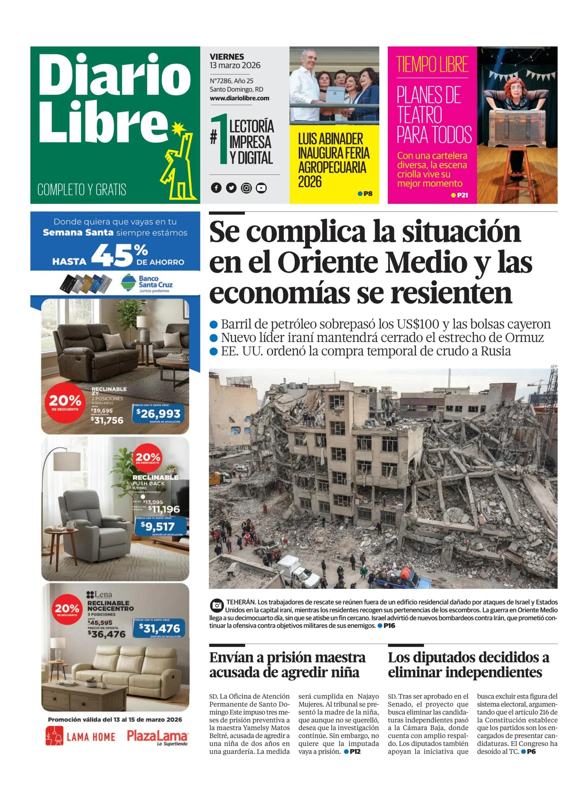 Portada Periódico Diario Libre, Viernes 13, Marzo, 2026