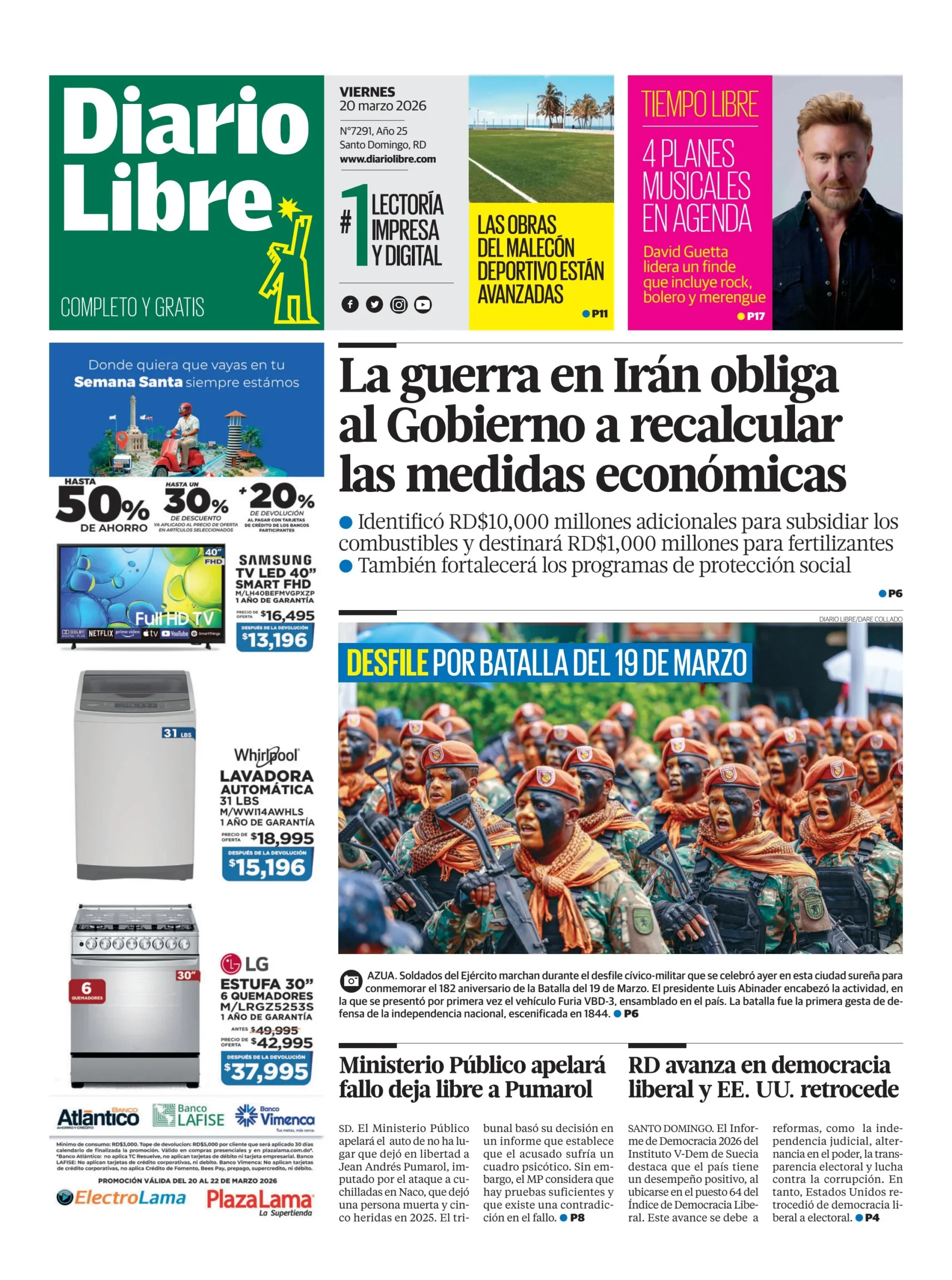 Portada Periódico Diario Libre, Viernes 20, Marzo, 2026