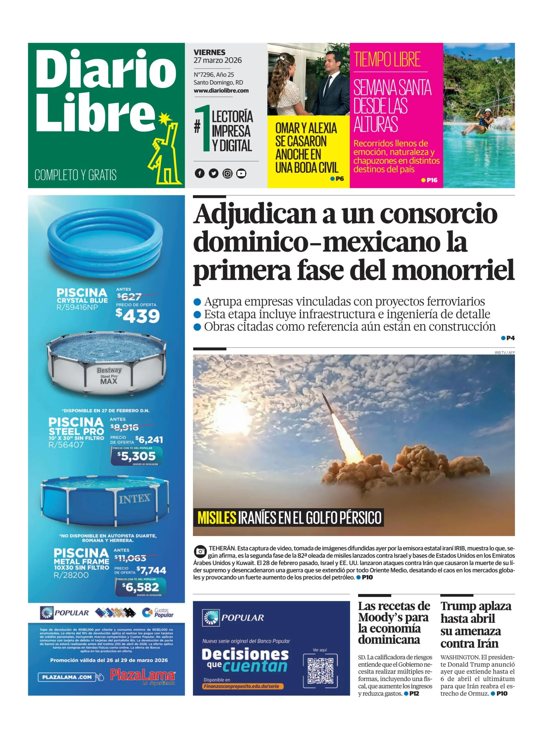 Portada Periódico Diario Libre, Viernes 27, Marzo 2026