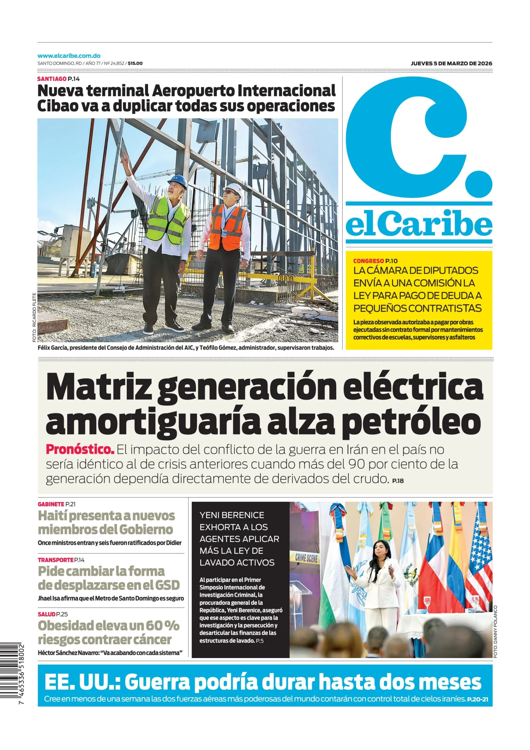 Portada Periódico El Caribe, Jueves 05, Marzo, 2026