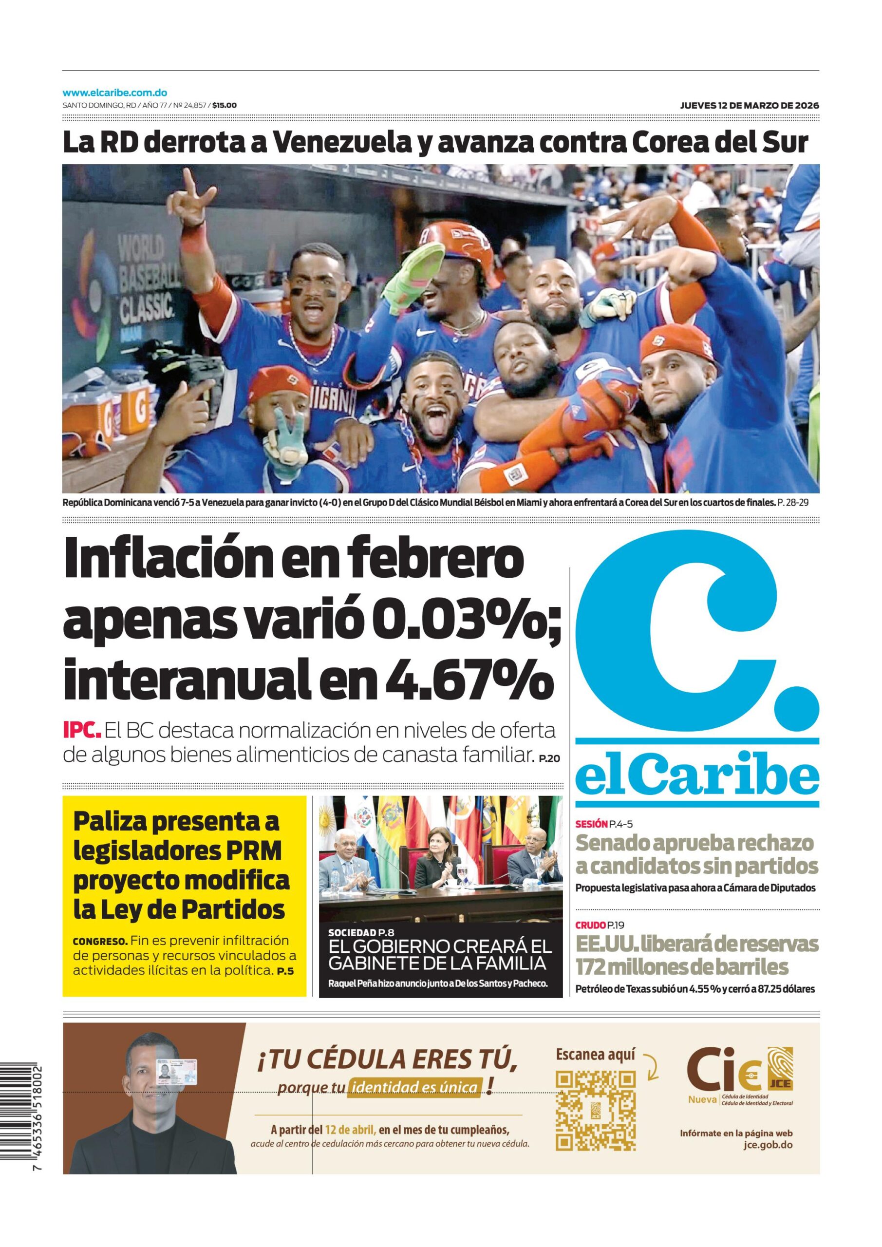 Portada Periódico El Caribe, Jueves 12, Marzo, 2026