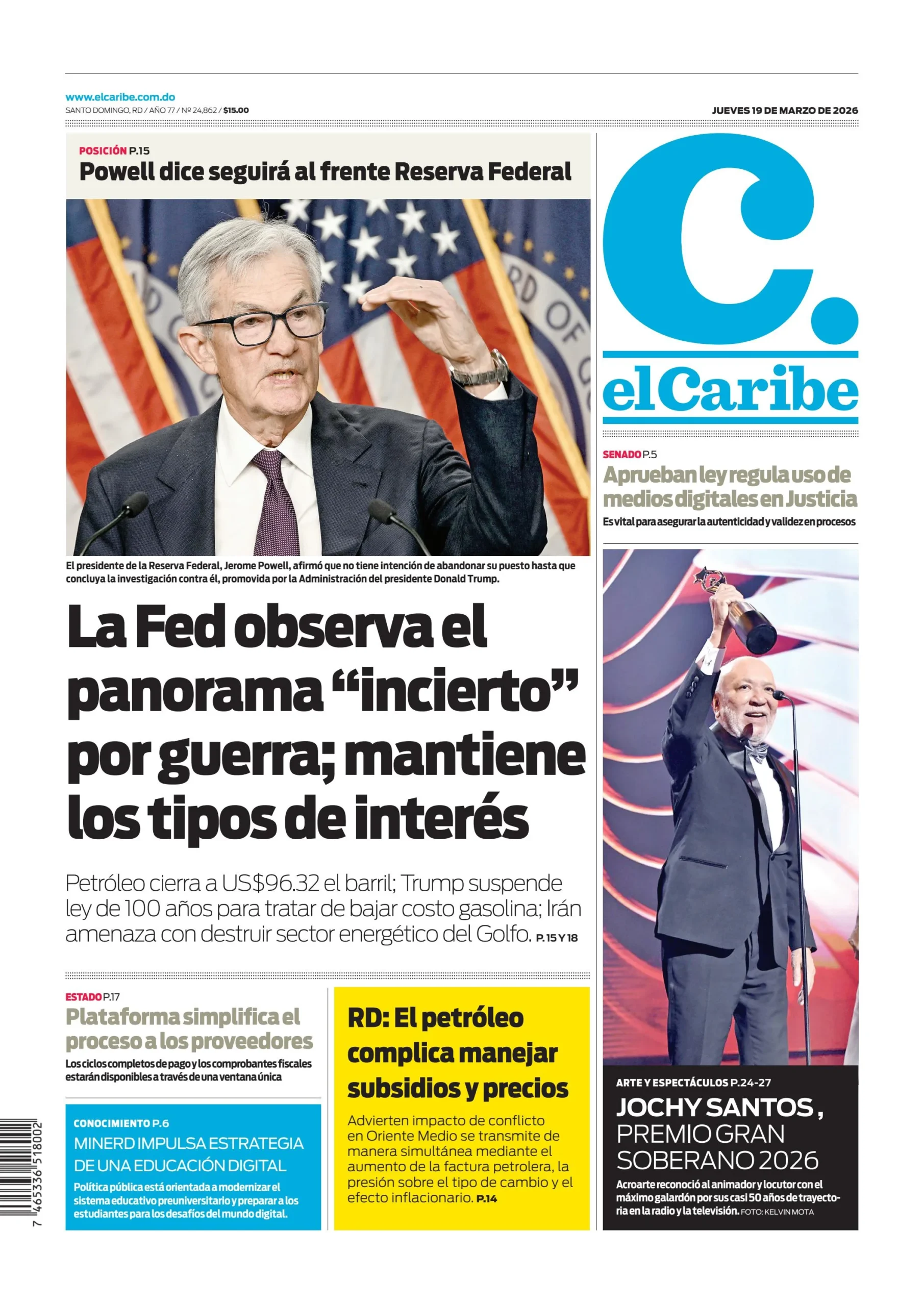 Portada Periódico El Caribe, Jueves 19, Marzo, 2026