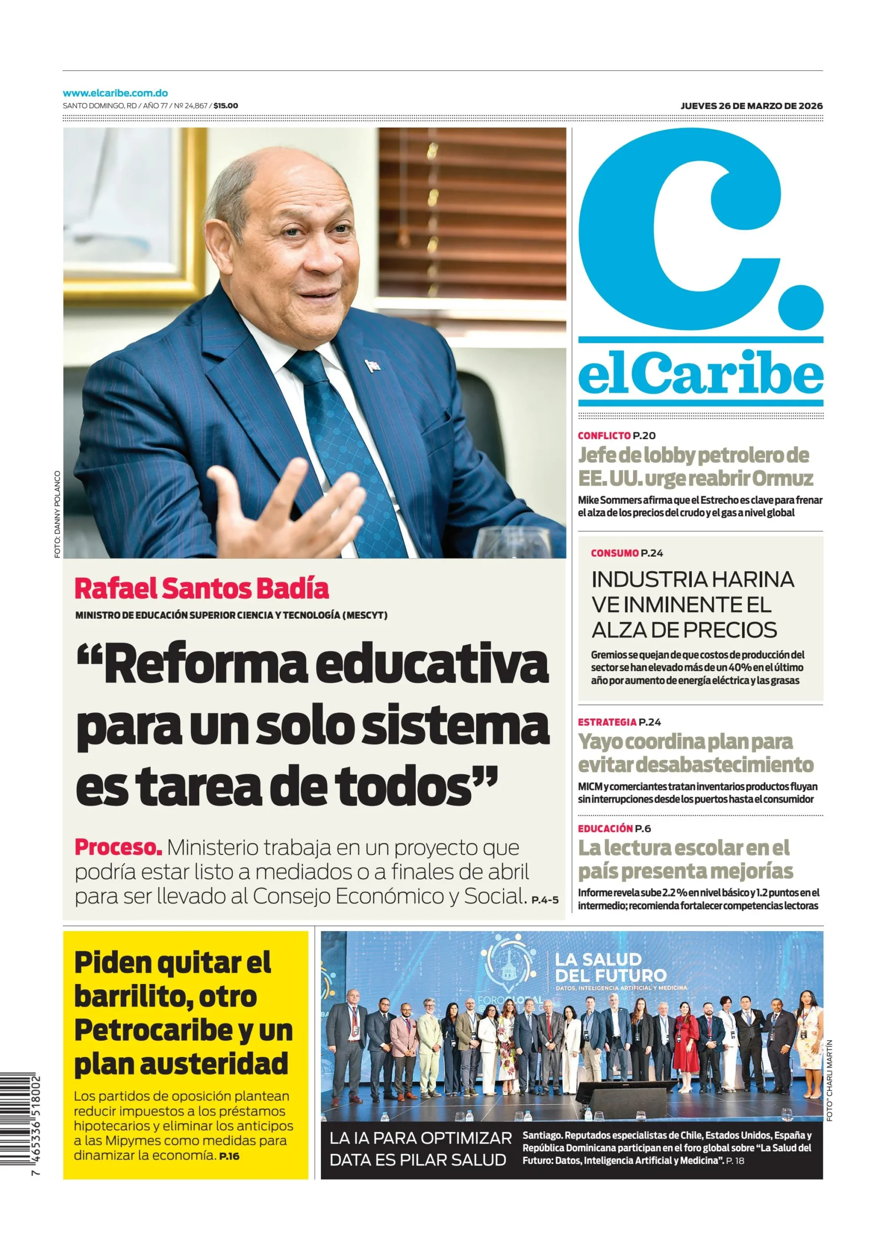 Portada Periódico El Caribe, Jueves 26, Marzo 2026