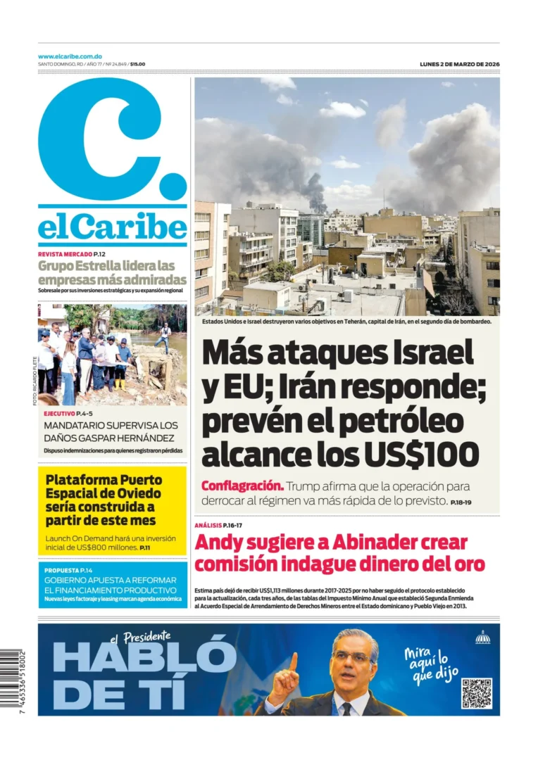 Portada Periódico El Caribe, Lunes 02, Marzo, 2026