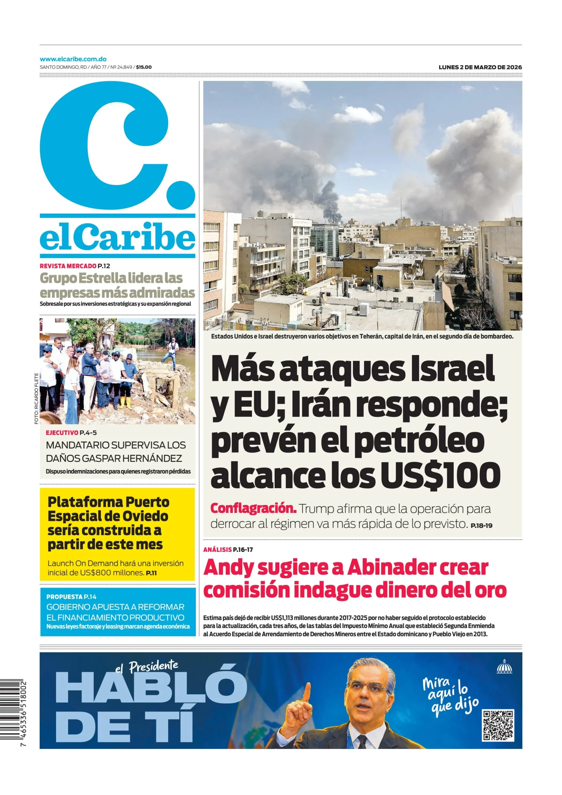 Portada Periódico El Caribe, Lunes 02, Marzo, 2026
