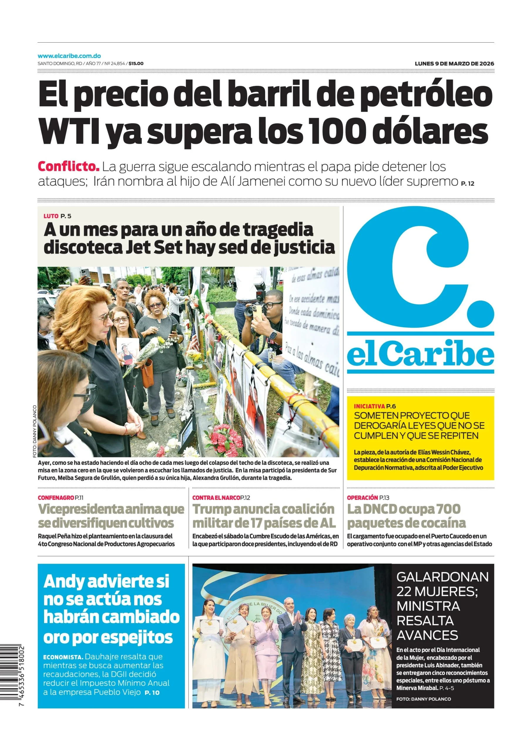 Portada Periódico El Caribe, Lunes 09, Marzo, 2026