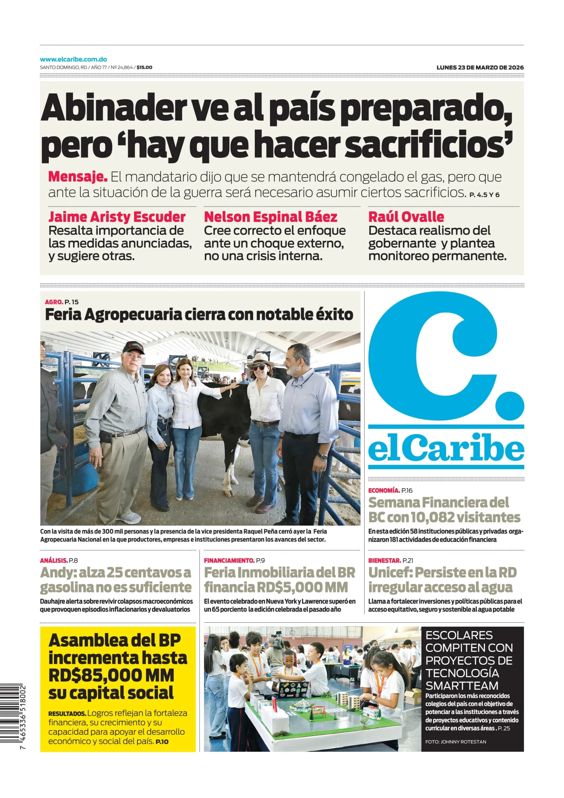 Portada Periódico El Caribe, Lunes 23, Marzo, 2026