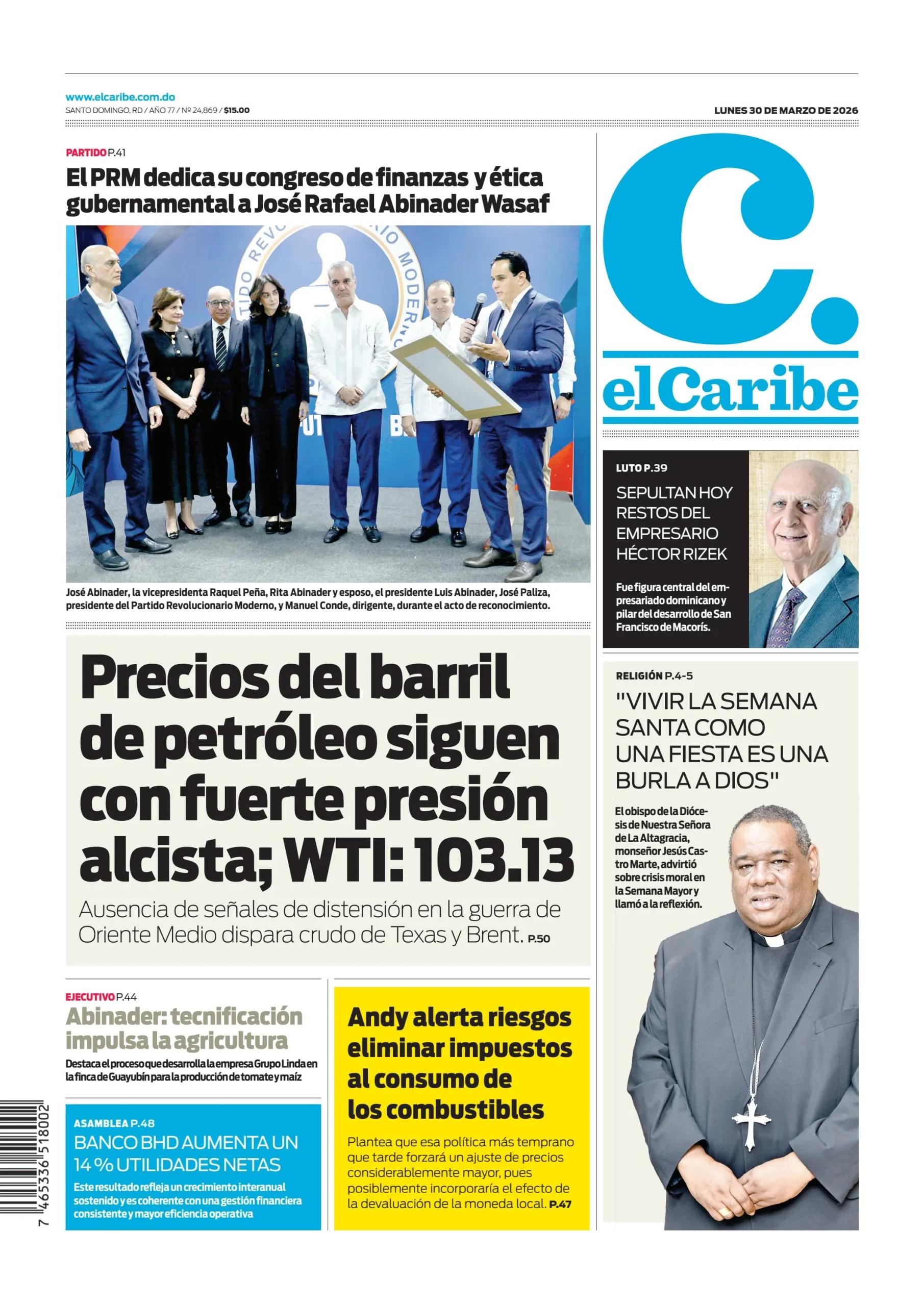 Portada Periódico El Caribe, Lunes 30, Marzo 2026