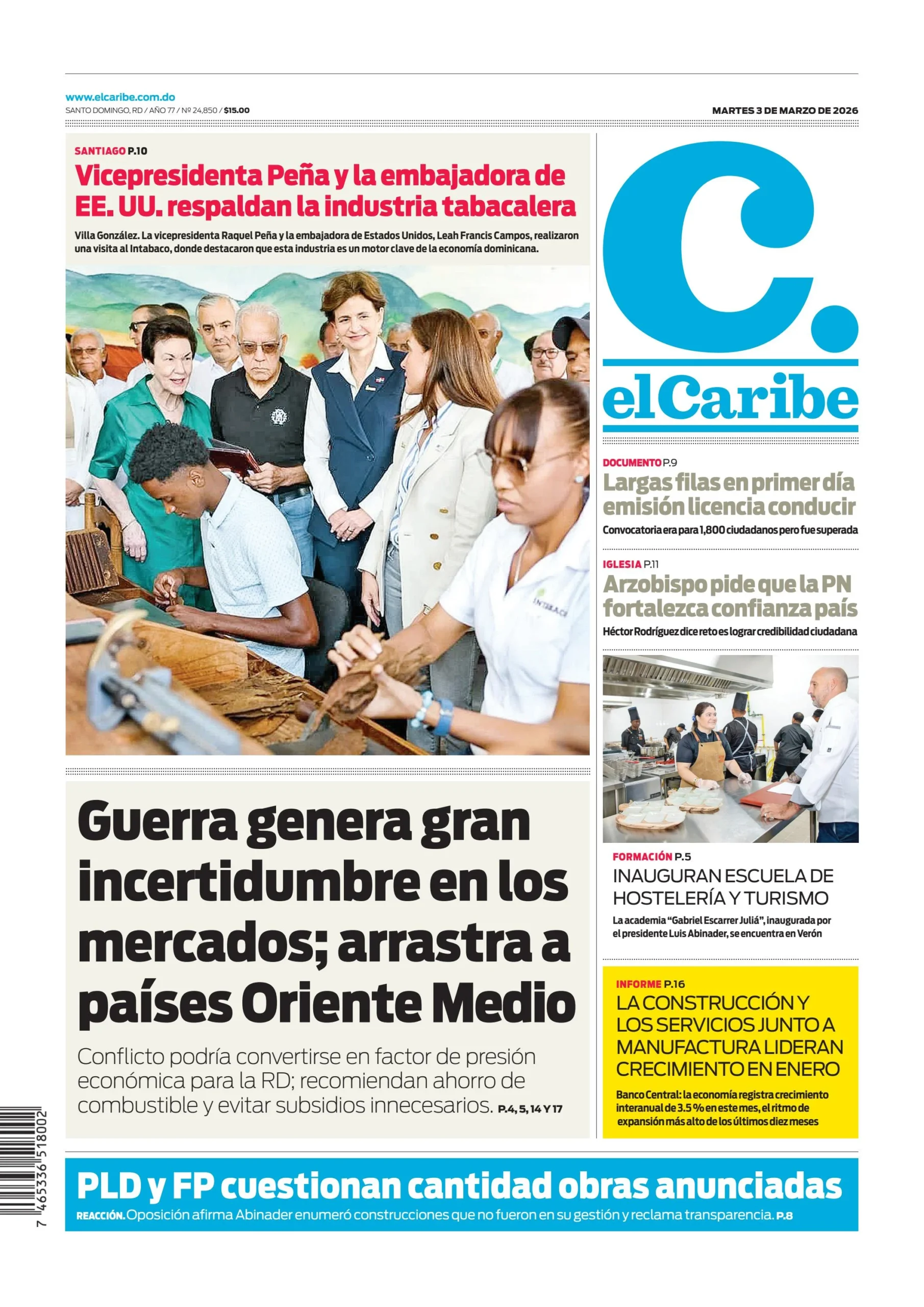 Portada Periódico El Caribe, Martes 03, Marzo, 2026
