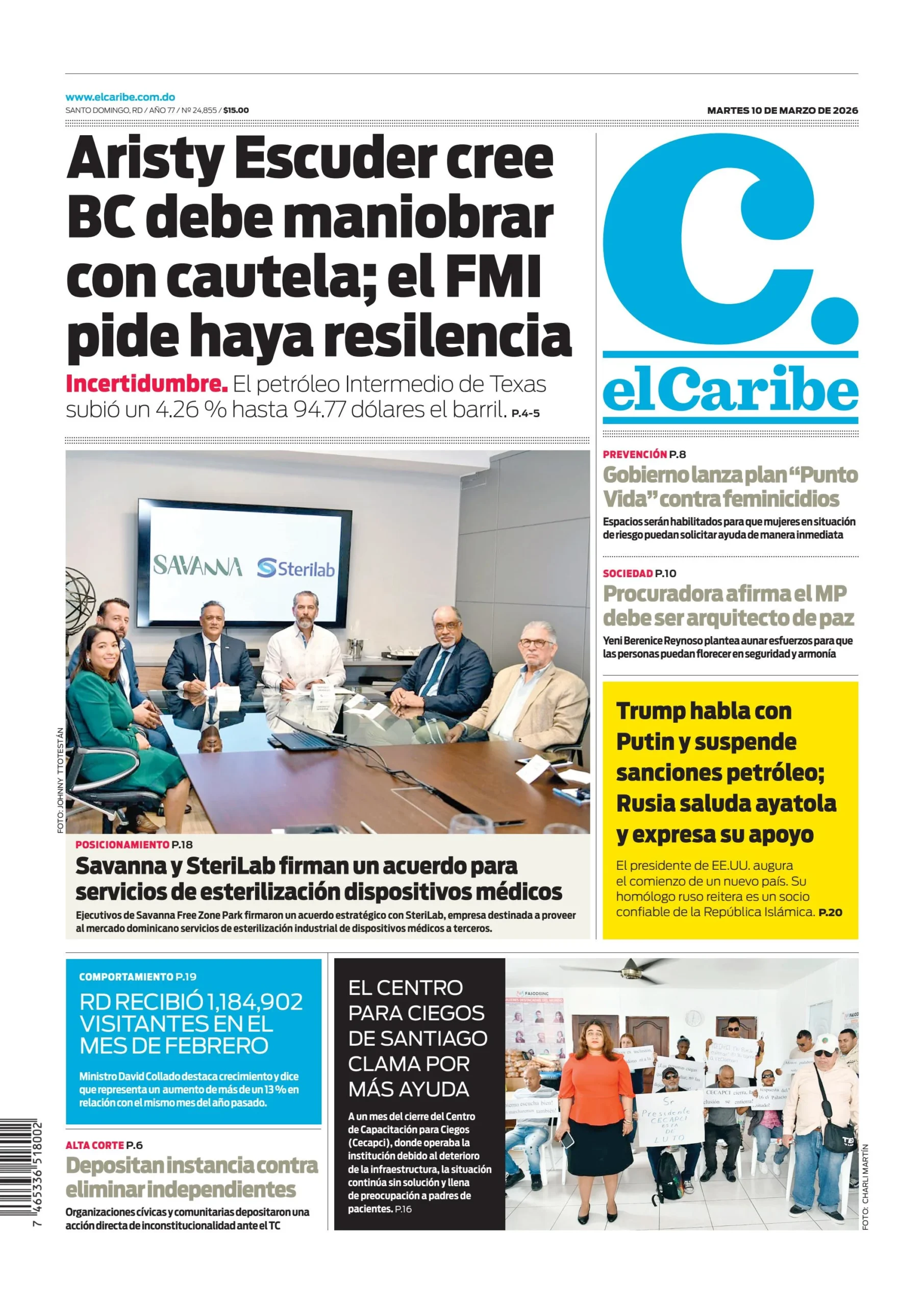 Portada Periódico El Caribe, Martes 10, Marzo, 2026