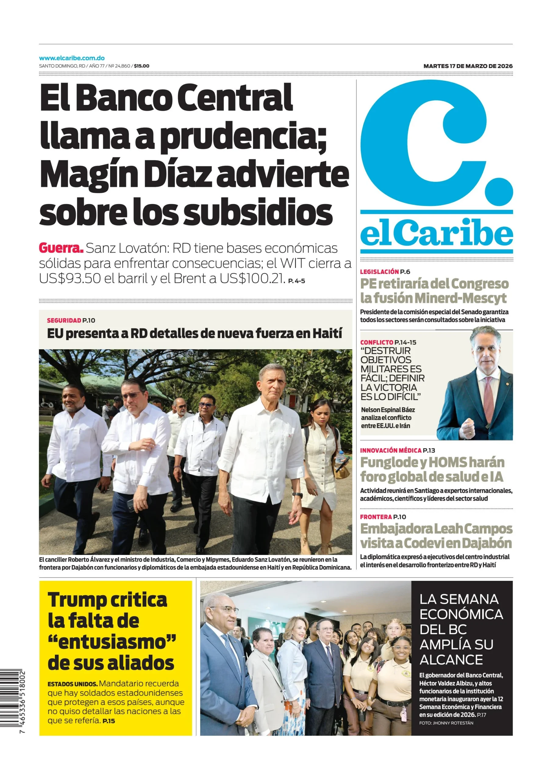 Portada Periódico El Caribe, Martes 17, Marzo, 2026