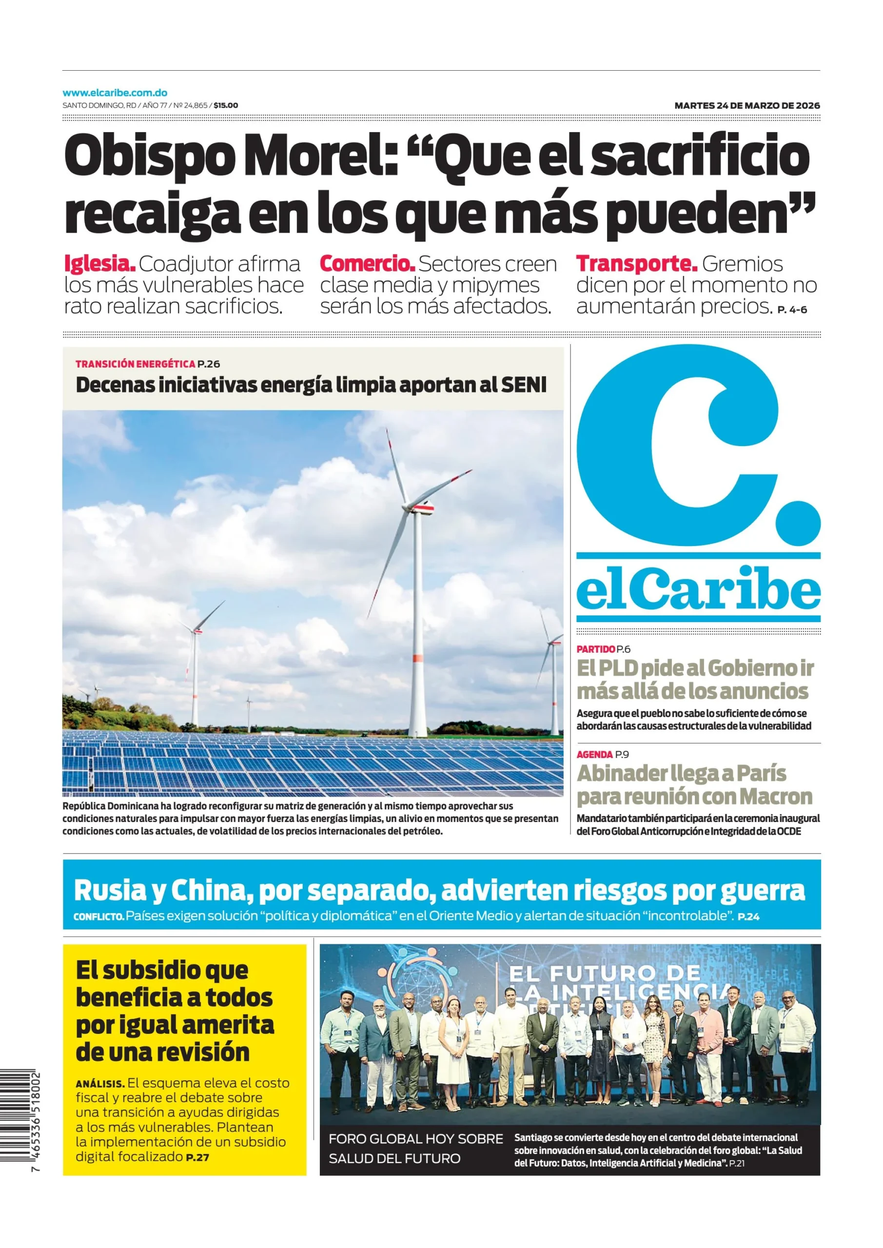 Portada Periódico El Caribe, Martes 24, Marzo, 2026