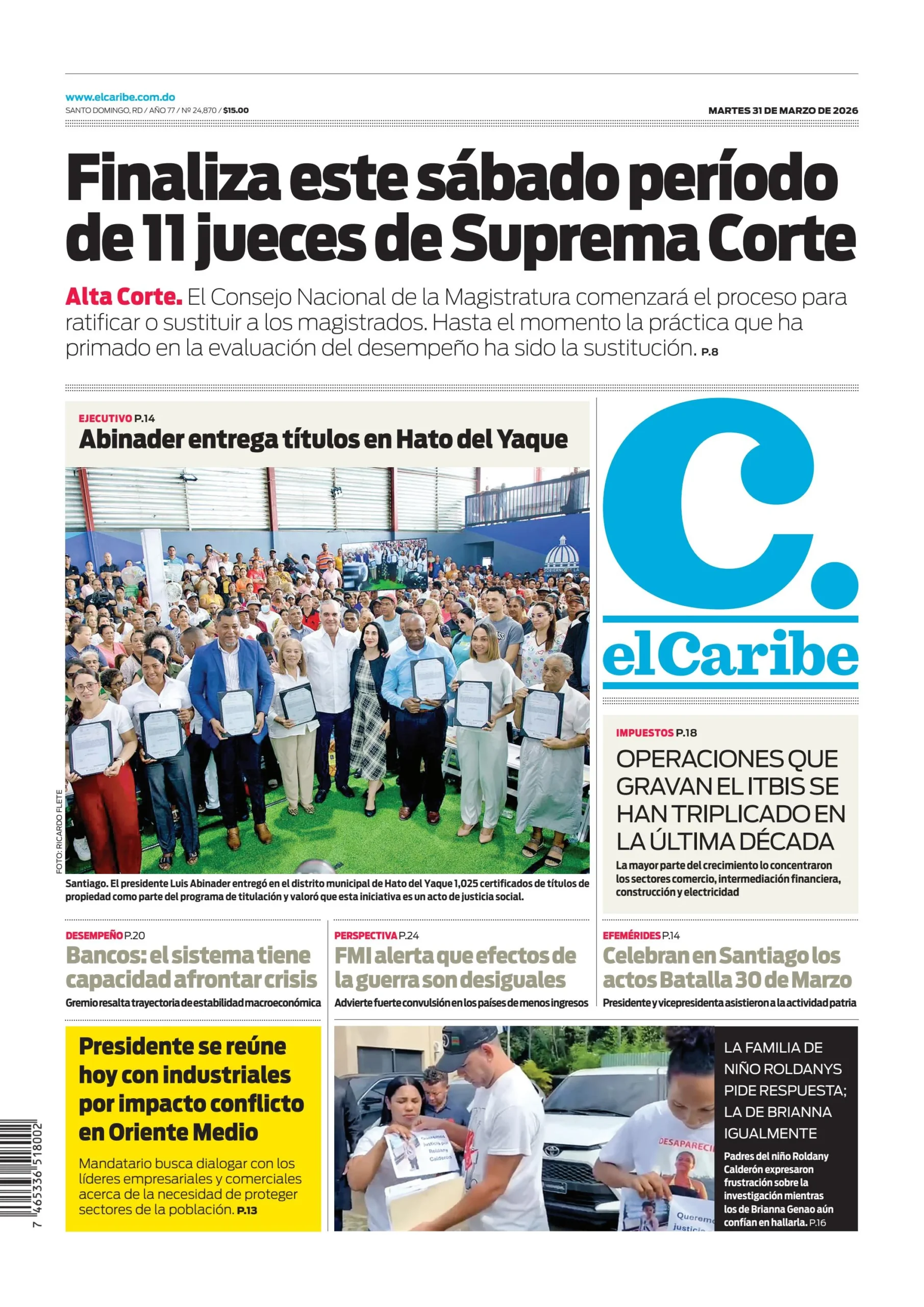 Portada Periódico El Caribe, Martes 31, Marzo 2026