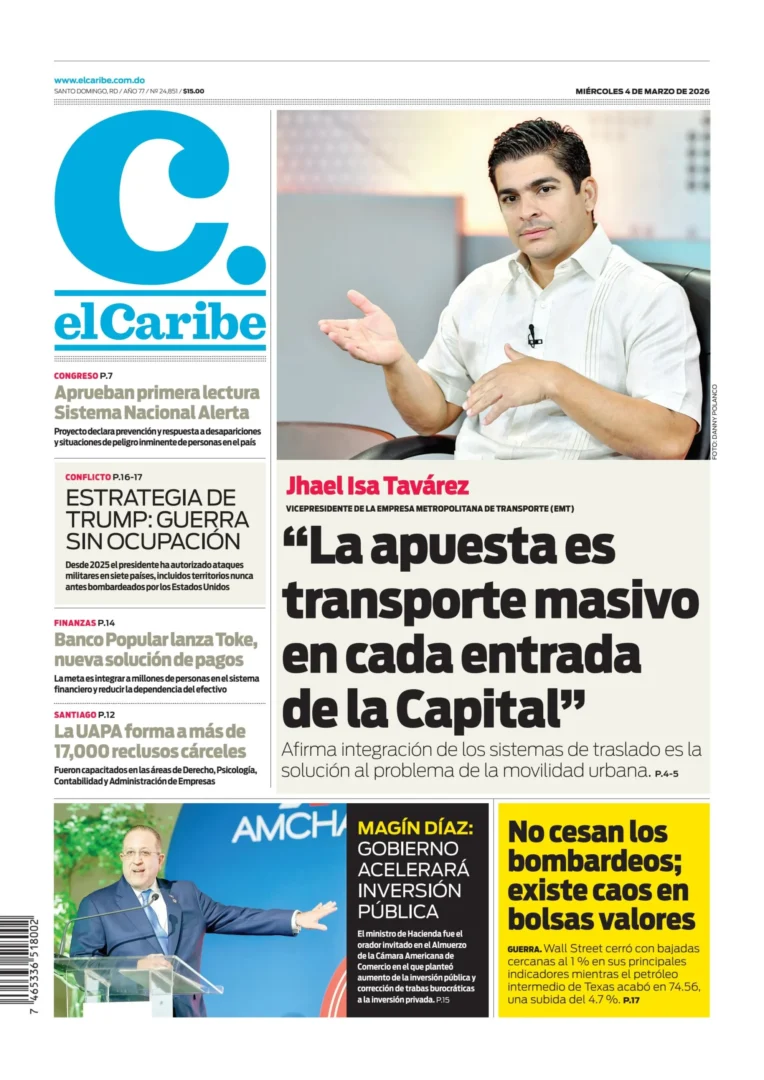 Portada Periódico El Caribe, Miércoles 04, Marzo, 2026