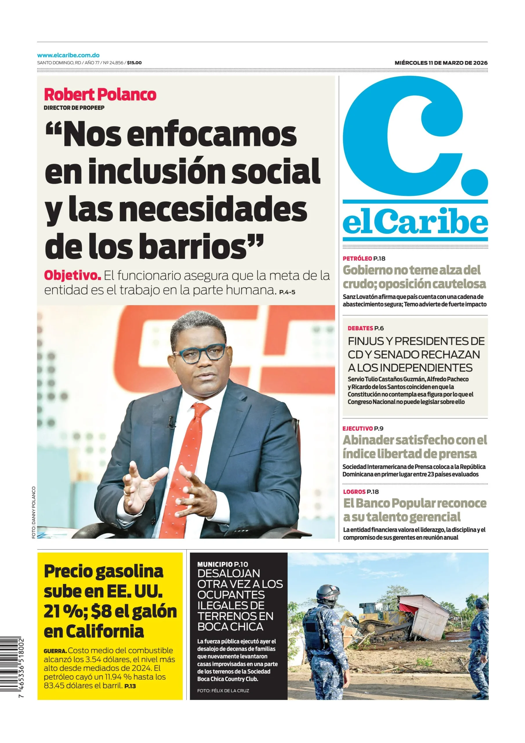 Portada Periódico El Caribe, Miércoles 11, Marzo, 2026