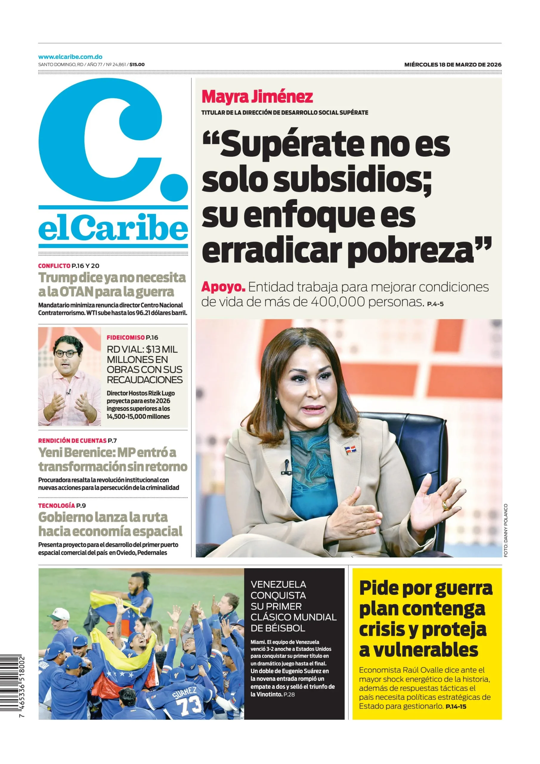 Portada Periódico El Caribe, Miércoles 18, Marzo, 2026