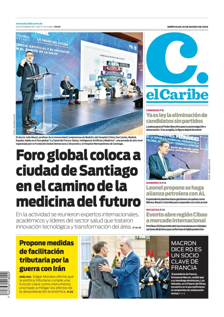 Portada Periódico El Caribe, Miércoles 25, Marzo, 2026