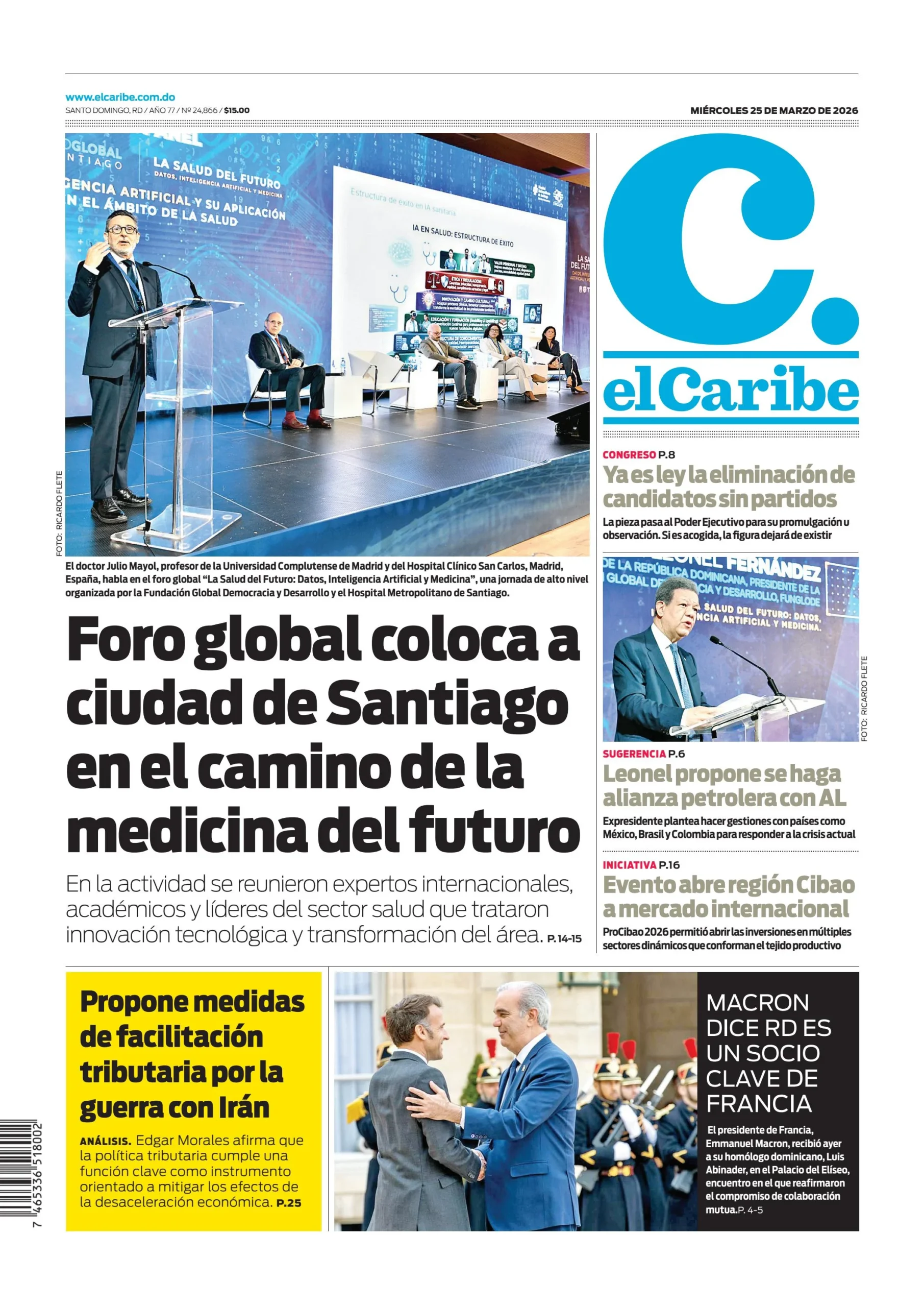 Portada Periódico El Caribe, Miércoles 25, Marzo, 2026