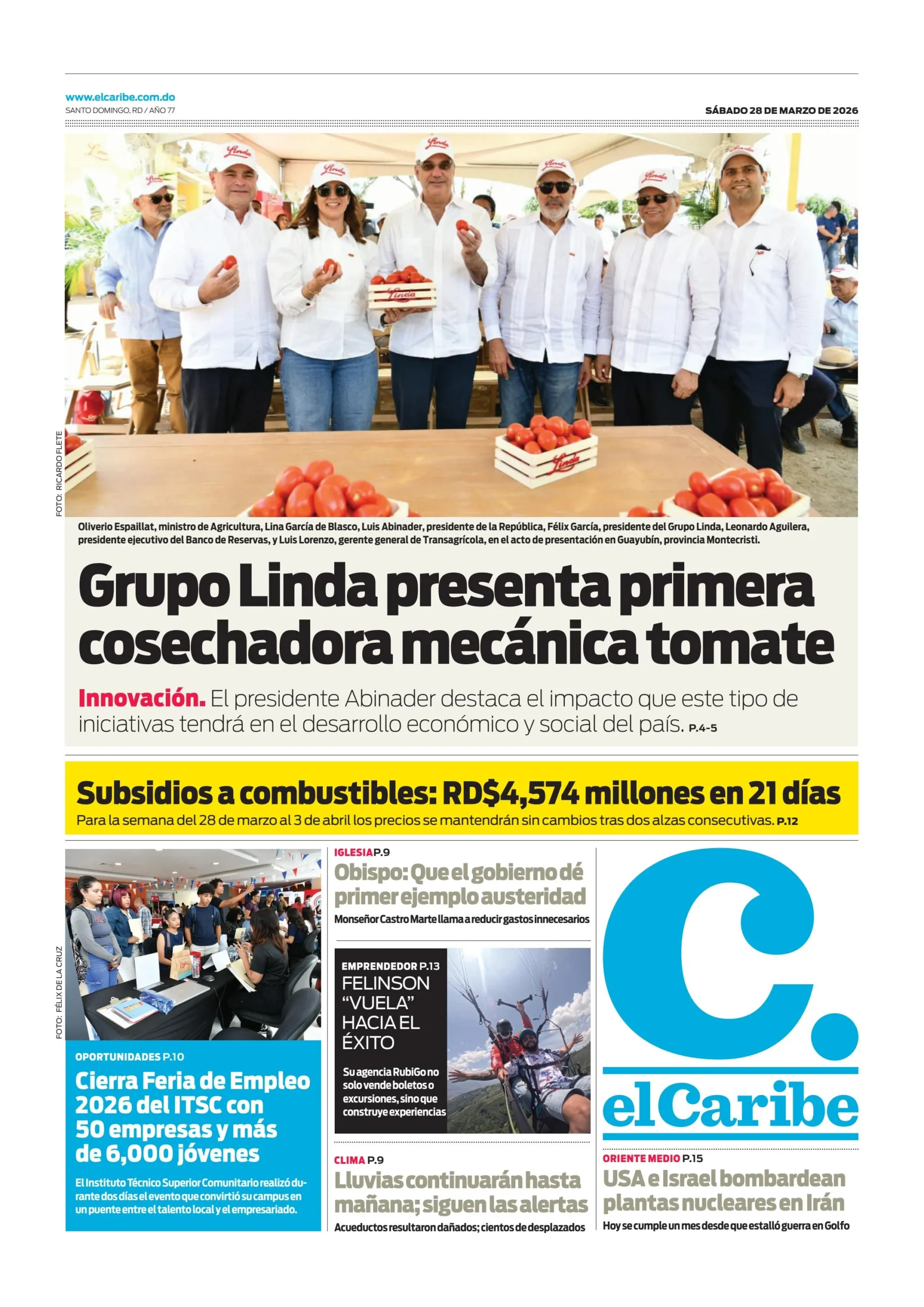 Portada Periódico El Caribe, Sábado 28, Marzo 2026